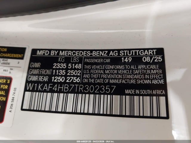 44928120 :رقم المزاد ، W1KAF4HB7TR302357 vin ، 2026 Mercedes-benz C 300 مزاد بيع
