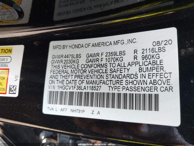 2020 Honda Accord Sport მანქანა იყიდება აუქციონზე, vin: 1HGCV1F36LA118527, აუქციონის ნომერი: 44928168