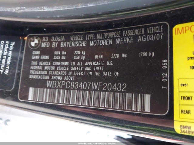 Aukcja sprzedaży 2007 Bmw X3 3.0si, vin: WBXPC93407WF20432, numer aukcji: 44928172