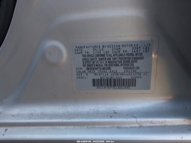 44928189 :رقم المزاد ، 3N1CN7AP7EL801220 vin ، 2014 Nissan Versa 1.6 Sv مزاد بيع