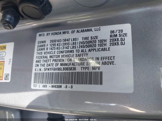 5FNYF6H96LB065836 Honda Pilot Awd Touring 8 Passenger
