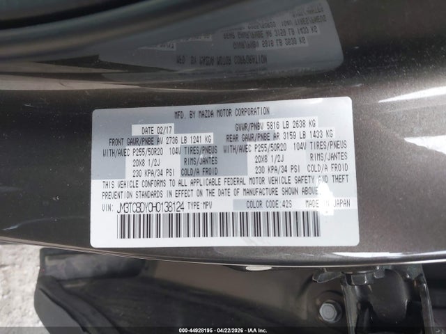 Продажа на аукционе авто 2017 Mazda Cx-9 Grand Touring, vin: JM3TCBDY0H0138124, номер лота: 44928195