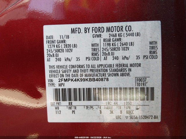 44928199 :رقم المزاد ، 2FMPK4K99KBB40878 vin ، 2019 Ford Edge Titanium مزاد بيع