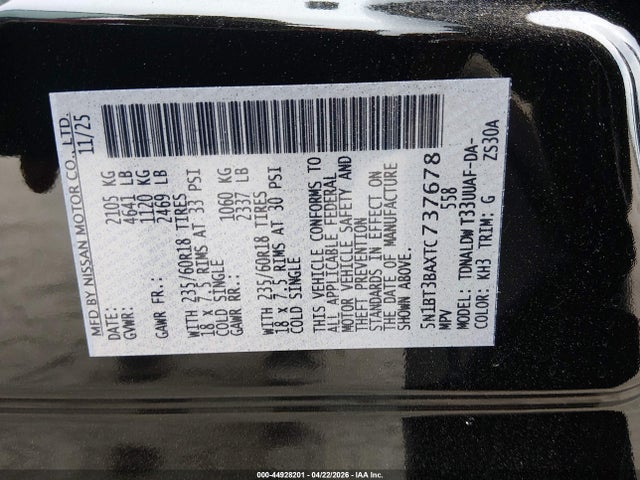 Продаж на аукціоні авто 2026 Nissan Rogue Sv, vin: 5N1BT3BAXTC737678, номер лоту: 44928201
