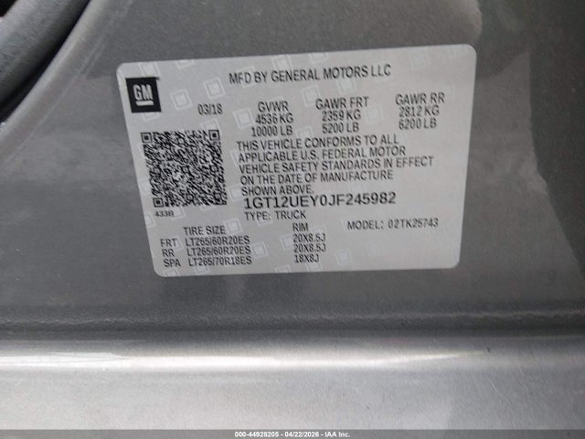 Aukcja sprzedaży 2018 Gmc Sierra 2500hd Denali, vin: 1GT12UEY0JF245982, numer aukcji: 44928205