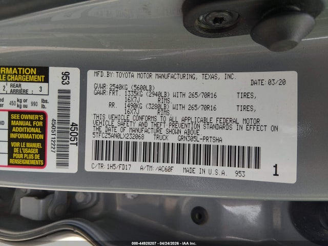 2020 Toyota Tacoma Trd Off-road მანქანა იყიდება აუქციონზე, vin: 5TFCZ5AN0LX232068, აუქციონის ნომერი: 44928207
