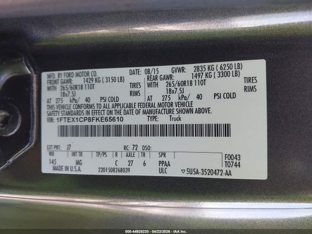 1FTEX1CP8FKE65610 Ford F-150 Xlt