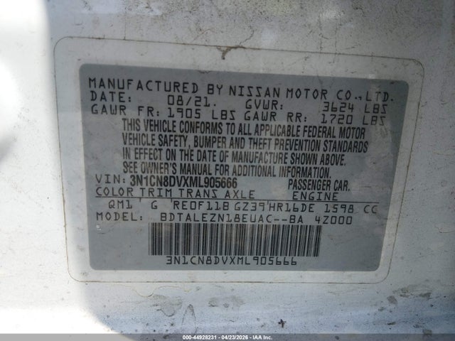 Aukcja sprzedaży 2021 Nissan Versa S Xtronic Cvt, vin: 3N1CN8DVXML905666, numer aukcji: 44928231
