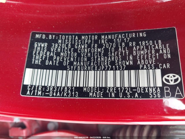 Toyota COROLLA LE 2018 5YFBURHEXJP771137 Image 9