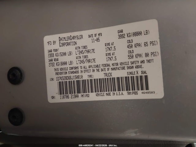 Продажа на аукционе авто 2006 Dodge Ram 2500 St, vin: 1D7KS28D66J150810, номер лота: 44928241