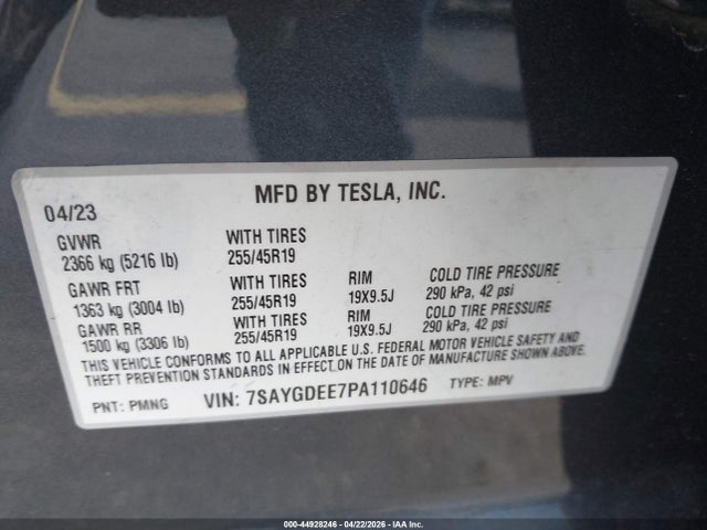 Продаж на аукціоні авто 2023 Tesla Model Y, vin: 7SAYGDEE7PA110646, номер лоту: 44928246