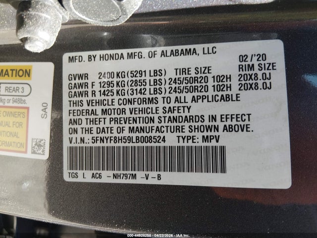 Продаж на аукціоні авто 2020 Honda Passport Awd Ex-l, vin: 5FNYF8H59LB008524, номер лоту: 44928258