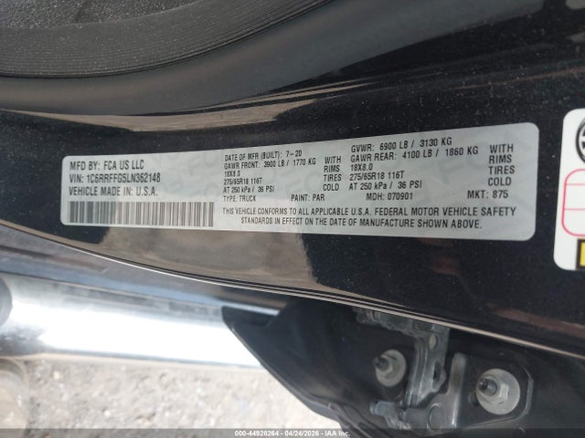 44928264 :رقم المزاد ، 1C6RRFFG5LN362148 vin ، 2020 Ram 1500 مزاد بيع