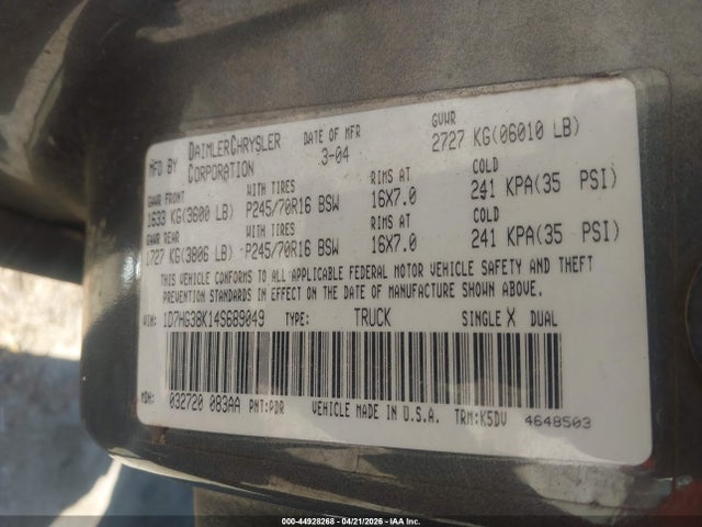 2004 Dodge Dakota Sport/sxt მანქანა იყიდება აუქციონზე, vin: 1D7HG38K14S689049, აუქციონის ნომერი: 44928268