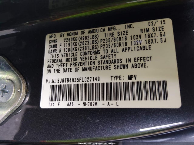 44928293 :رقم المزاد ، 5J8TB4H35FL027149 vin ، 2015 Acura Rdx مزاد بيع