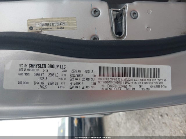 2012 Jeep Patriot Latitude მანქანა იყიდება აუქციონზე, vin: 1C4NJRFB1CD594921, აუქციონის ნომერი: 44928302