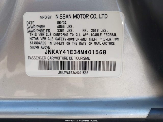 Aukcja sprzedaży 2004 Infiniti M45 Sport, vin: JNKAY41E34M401568, numer aukcji: 44928318