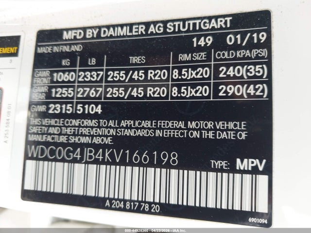 Aukcja sprzedaży 2019 Mercedes-benz Glc 300, vin: WDC0G4JB4KV166198, numer aukcji: 44928360
