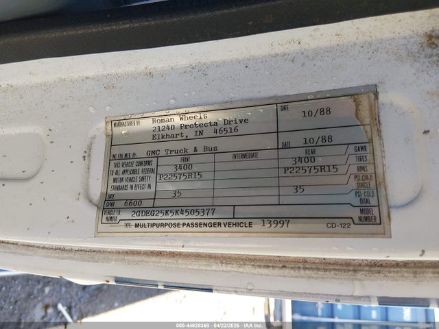 44928368 :رقم المزاد ، 2GDEG25K5K4505377 vin ، 1989 Gmc Rally Wagon / Van G2500 مزاد بيع