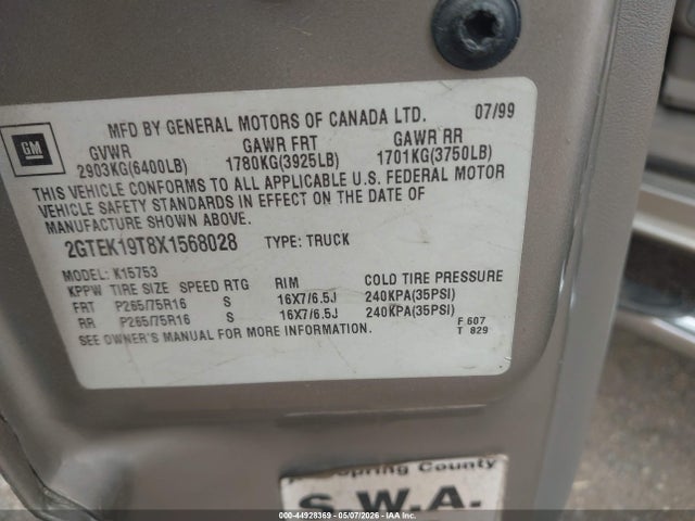 44928369 :رقم المزاد ، 2GTEK19T8X1568028 vin ، 1999 Gmc Sierra 1500 Sle مزاد بيع