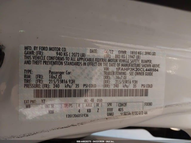 Продажа на аукционе авто 2012 Ford Focus Se, vin: 1FAHP3K20CL448584, номер лота: 44928370