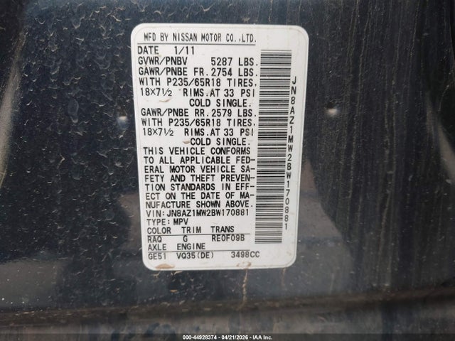 2011 Nissan Murano Sl მანქანა იყიდება აუქციონზე, vin: JN8AZ1MW2BW170881, აუქციონის ნომერი: 44928374