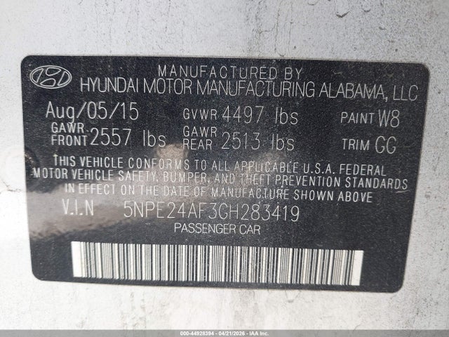 5NPE24AF3GH283419 Hyundai SONATA SE