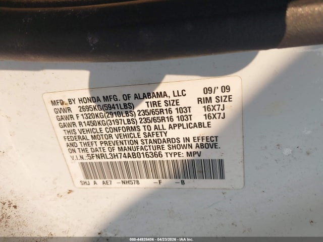44928406 :رقم المزاد ، 5FNRL3H74AB016366 vin ، 2010 Honda Odyssey Ex-l مزاد بيع