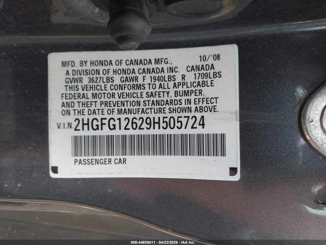 Aukcja sprzedaży 2009 Honda Civic Lx, vin: 2HGFG12629H505724, numer aukcji: 44928411