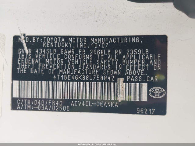 44928419 :رقم المزاد ، 4T1BE46K88U758842 vin ، 2008 Toyota Camry Le مزاد بيع
