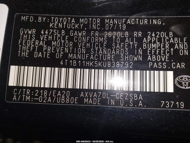 Продажа на аукционе авто 2019 Toyota Camry Se, vin: 4T1B11HK5KU838792, номер лота: 44928433