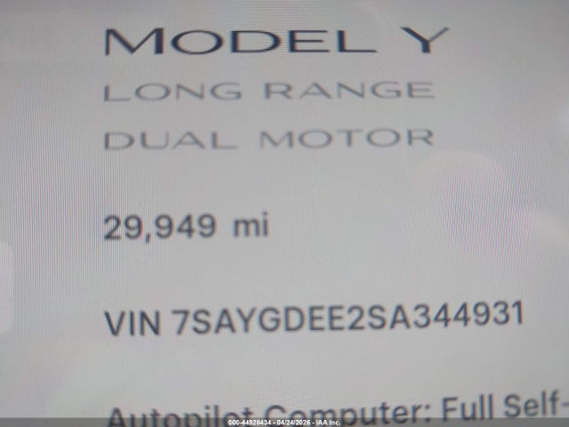 Продажа на аукционе авто 2025 Tesla Model Y Long Range Dual Motor All-wheel Drive, vin: 7SAYGDEE2SA344931, номер лота: 44928434