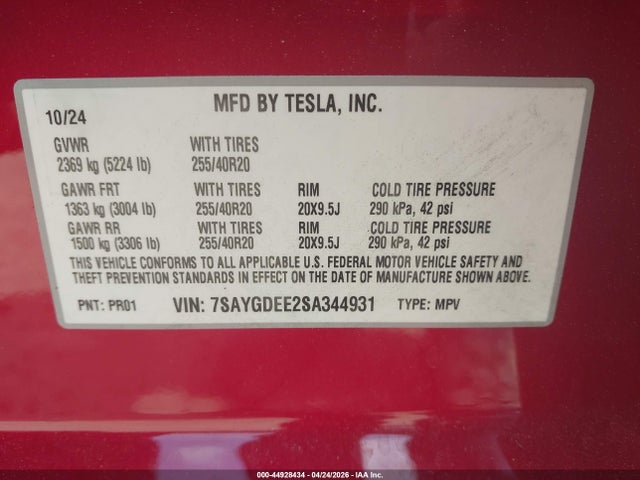 Продажа на аукционе авто 2025 Tesla Model Y Long Range Dual Motor All-wheel Drive, vin: 7SAYGDEE2SA344931, номер лота: 44928434