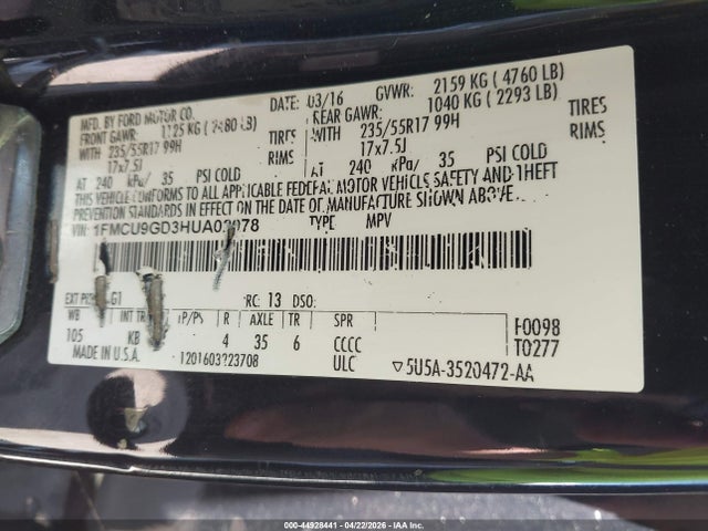 2017 Ford Escape Se მანქანა იყიდება აუქციონზე, vin: 1FMCU9GD3HUA02078, აუქციონის ნომერი: 44928441