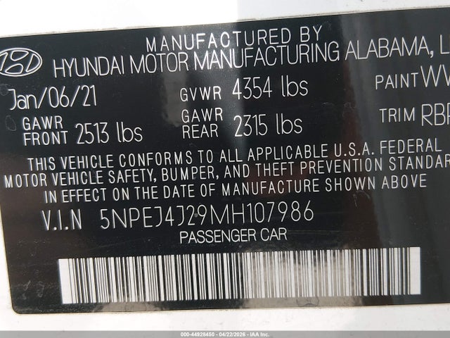 Продажа на аукционе авто 2021 Hyundai Sonata Sel Plus, vin: 5NPEJ4J29MH107986, номер лота: 44928450