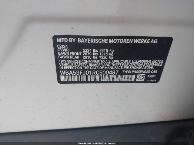 Aukcja sprzedaży 2024 Bmw 530i Xdrive, vin: WBA53FJ01RCS00487, numer aukcji: 44928463