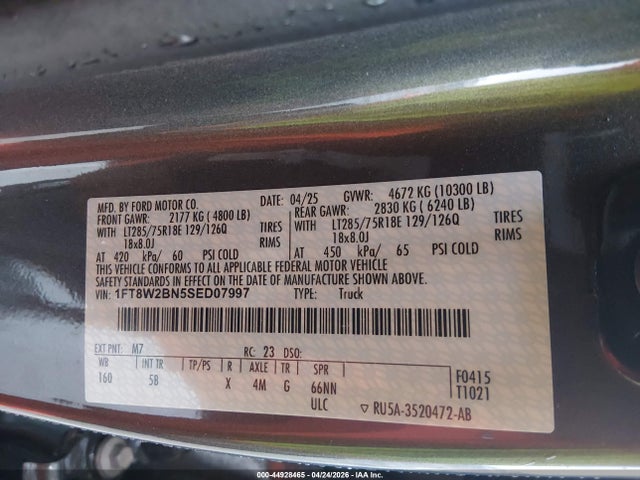 Aukcja sprzedaży 2025 Ford F-250 Lariat, vin: 1FT8W2BN5SED07997, numer aukcji: 44928465