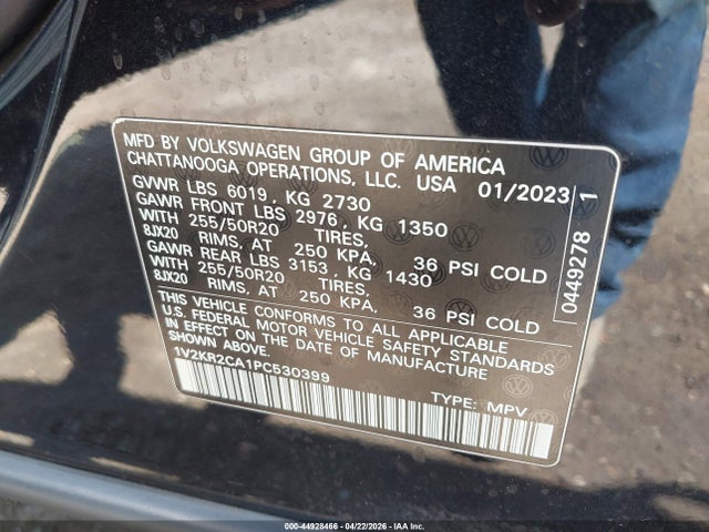 2023 Volkswagen Atlas 3.6l V6 Se W/technology მანქანა იყიდება აუქციონზე, vin: 1V2KR2CA1PC530399, აუქციონის ნომერი: 44928466