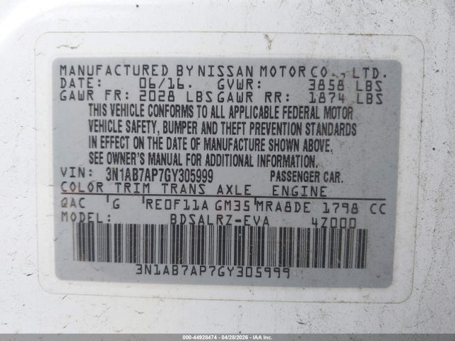 3N1AB7AP7GY305999 Nissan SENTRA SR