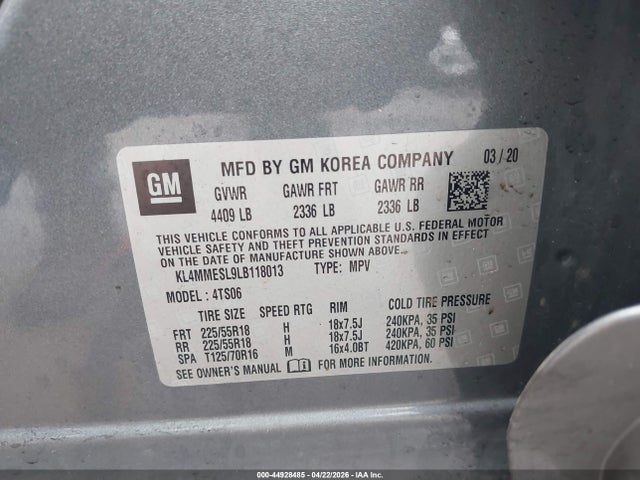 44928485 :رقم المزاد ، KL4MMESL9LB118013 vin ، 2020 Buick Encore Gx Awd Select مزاد بيع