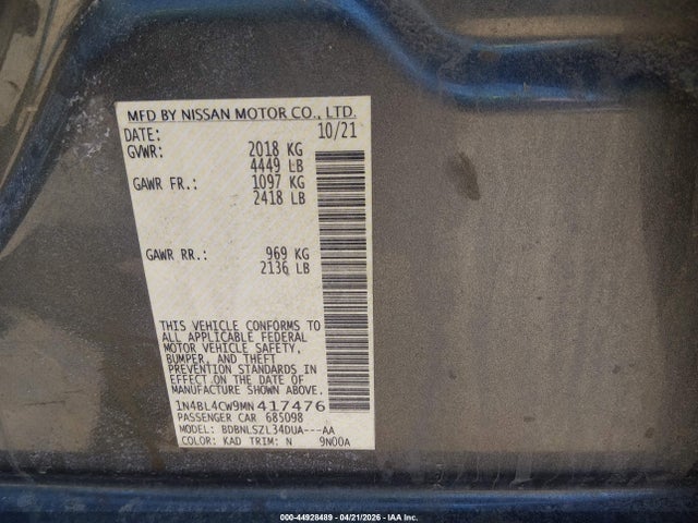 Продажа на аукционе авто 2021 Nissan Altima Sr Intelligent Awd, vin: 1N4BL4CW9MN417476, номер лота: 44928489