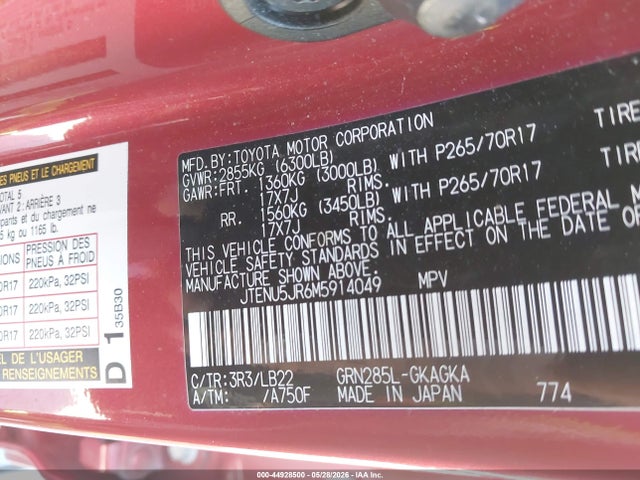 44928500 :رقم المزاد ، JTENU5JR6M5914049 vin ، 2021 Toyota 4runner Sr5 Premium مزاد بيع