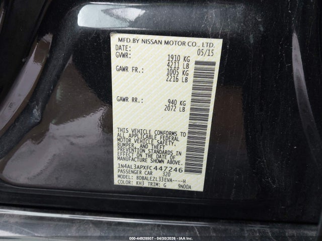 44928507 :رقم المزاد ، 1N4AL3APXFC447246 vin ، 2015 Nissan Altima 2.5 S مزاد بيع