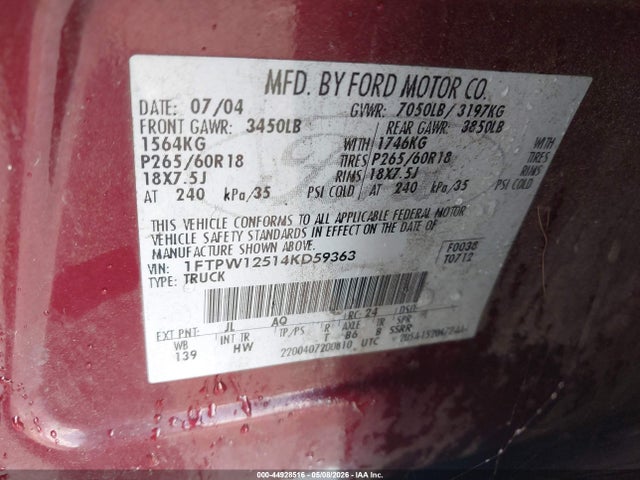 Aukcja sprzedaży 2004 Ford F-150 Lariat/xlt, vin: 1FTPW12514KD59363, numer aukcji: 44928516