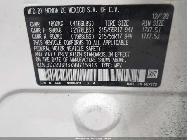 2021 Honda Hr-v Awd Lx მანქანა იყიდება აუქციონზე, vin: 3CZRU6H3XMM715913, აუქციონის ნომერი: 44928519