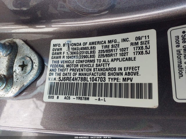 2011 Honda Cr-v Ex-l მანქანა იყიდება აუქციონზე, vin: 5J6RE4H78BL104703, აუქციონის ნომერი: 44928522