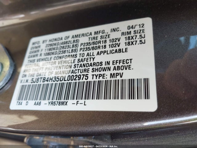 44928527 :رقم المزاد ، 5J8TB4H35DL002975 vin ، 2013 Acura Rdx مزاد بيع