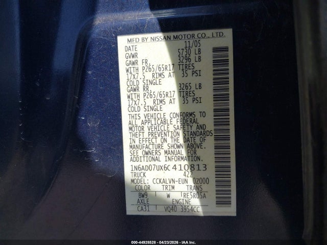 44928528 :رقم المزاد ، 1N6AD07UX6C410813 vin ، 2006 Nissan Frontier Le مزاد بيع