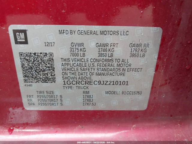 Aukcja sprzedaży 2018 Chevrolet Silverado 1500 1lt, vin: 1GCRCREC9JZ210101, numer aukcji: 44928531