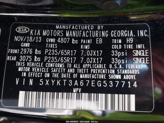 Продаж на аукціоні авто 2014 Kia Sorento Lx, vin: 5XYKT3A67EG537714, номер лоту: 44928542
